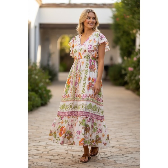 Me 2 Magic Dresses & Skirts - Me 2 Magic Floral Maxi Dress sz XL‎ Boho Metallic ruffles Flutter Sleeve sz XL